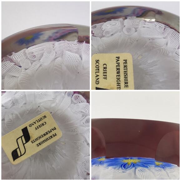 Perthshire 1996B Blue Flower on Lace Floral Pink Daisy Canes Faceted Paperweight - Picture 11 of 13